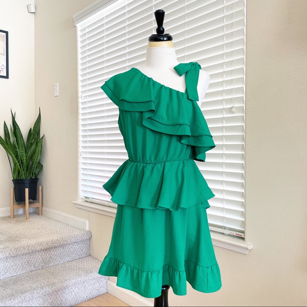 Zara Ruffle Tiered One Shoulder Mini Dress Green Size Small